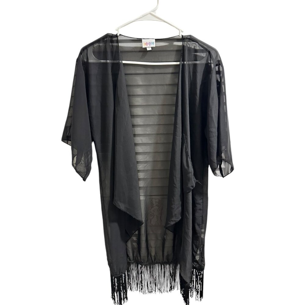🍒 2/$20 🍒 Lularoe Black Sheer Fringe Kimono Cardigan Open Front Size S